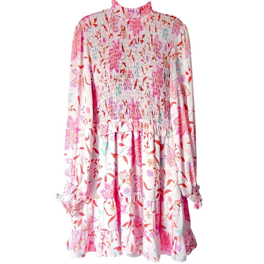FATE The Label Pink Multi Floral Smocked Bodice Ruffle Tiered Dress Small - Picture 1 of 6
